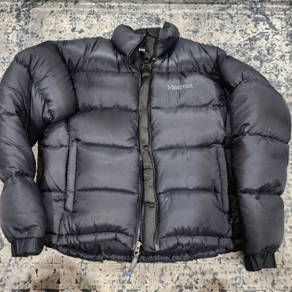 Marmot Goose Down Puffer Jacket Black Padded Quilted Winter Coat Mens Small